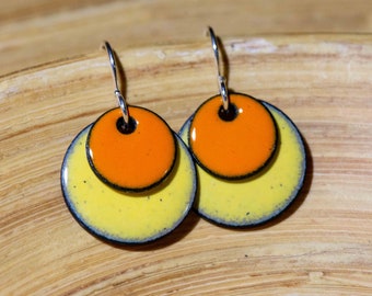 Handmade Enamel Earrings, Layered Tonal Orange and Yellow Earrings, Stacked Retro Earrings, Yellow Enamel, Orange Enamel Orange Earrings 80s