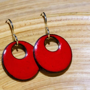 Bright Red Enamel Earrings, Handmade Retro Earrings, Red Hoops, Primary Red Earrings, True Red Dangle Earrings, Holiday Christmas Valentines