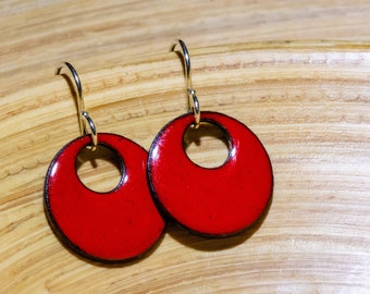 Bright Red Enamel Earrings, Handmade Retro Earrings, Red Hoops, Primary Red Earrings, True Red Dangle Earrings, Holiday Christmas Valentines