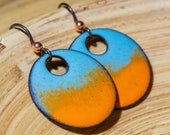 Blue and Orange Enamel Earrings, Open Circle Dangles, Bright Complementary Colors, Handmade Enameled Copper Jewelry