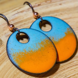 Handmade Enamel Earrings, Blue and Orange Enamel Earrings, Pastel Blue and Pumpkin Orange, Color Splash High Contrast Earrings Bright Summer