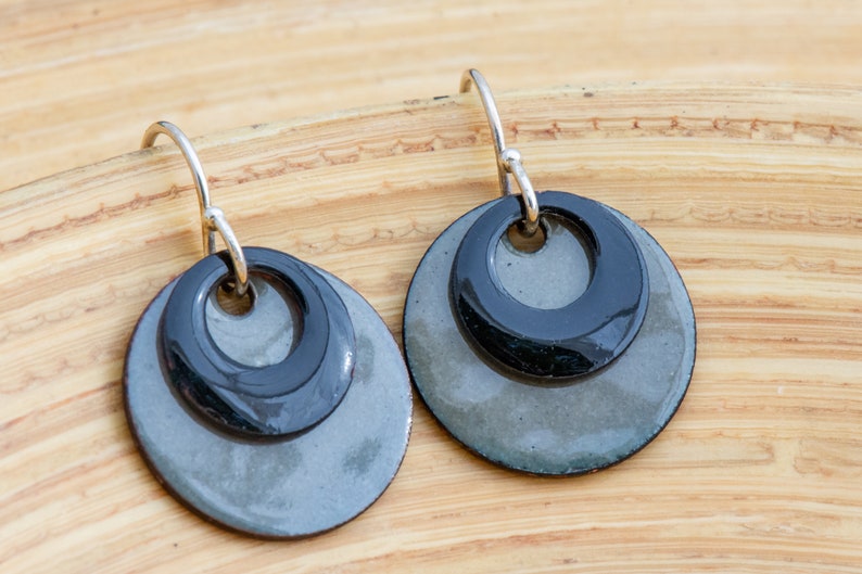Retro Earrings Gray Jewelry Color Block Earrings Black and Gray Enamel Earrings Black Jewelry Neutral Grey and Black Earrings Casual