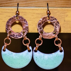 Handmade Copper and Enamel Statement Earrings, Textured Copper Earrings, Robin&#39;s Egg Blue Enamel and Hammered Copper, Long Dangle Earrings