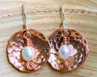 Hammered Copper & Stainless Wie Wrapped Earrings Handmade 3