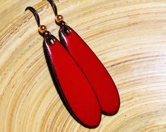 Handmade Bright Red Earrings, Red Enamel, Retro Primary Red Teardrop Earrings, Holiday Red, Bold Statement Long Earrings, Christmas Jewelry