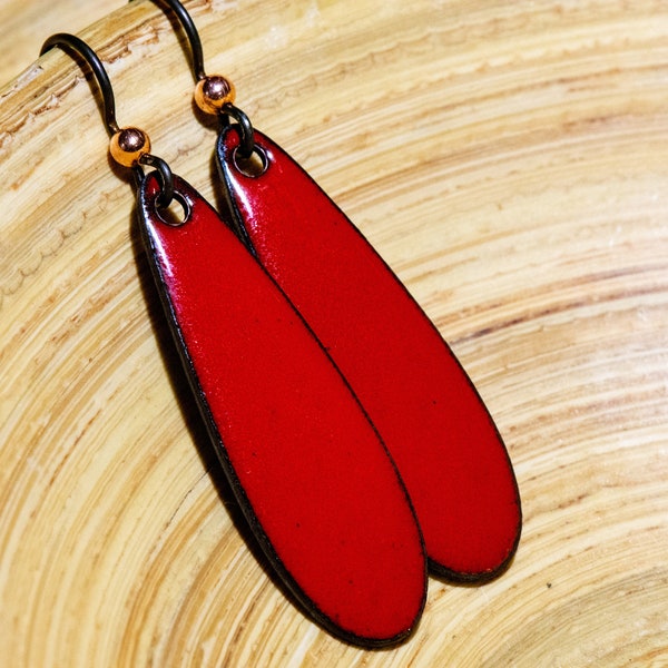 Handmade Bright Red Earrings, Red Enamel, Retro Primary Red Teardrop Earrings, Holiday Red, Bold Statement Long Earrings, Christmas Jewelry