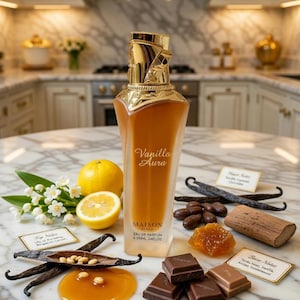 May include: A perfume bottle labeled "Vanilla Aura" with a gold cap and a light brown liquid. The bottle is surrounded by ingredients like vanilla beans, chocolate, and a lemon. The bottle is 3.4 fl oz.