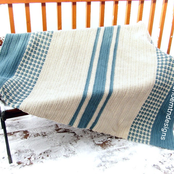 Crochet Colorwork Blanket Pattern - crochet pattern - crochet blanket pattern - Colorwork Throw in Blue - Striped Crochet Blanket Pattern