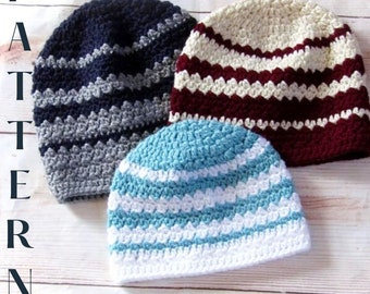 Crochet Striped Beanie Pattern - Crochet Pattern - Crochet Striped Hat - 3 Sizes - Team Colors Hat - Top Down Beanie