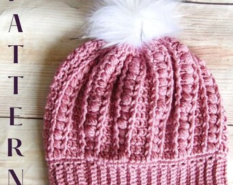 Crochet Beanie Pattern - Crochet Hat Pattern - Crochet Pom Pom Hat Pattern - Textured Hat - Women's Hat