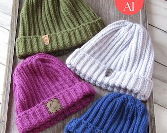 Può includere: Quattro berretti in maglia a coste nei colori verde oliva, grigio chiaro, magenta e blu reale. Ogni berretto presenta un risvolto piegato e una piccola etichetta rettangolare in similpelle con il testo "CMD" e un grafico di montagna. Un adesivo rosso riporta "Not AI".