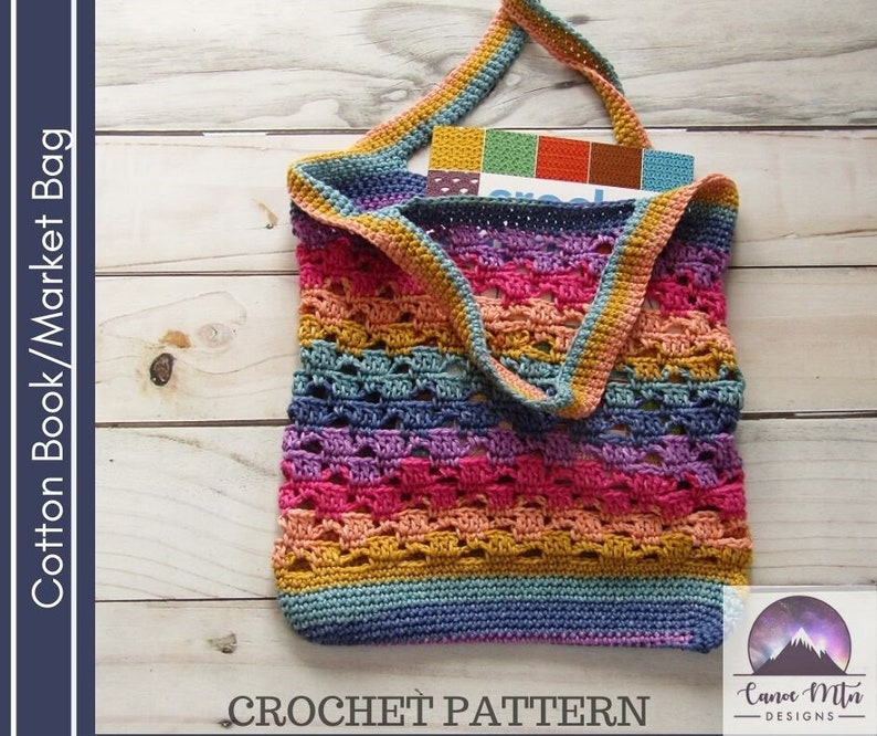 Crochet Book & Market Bag Pattern Market Bag crochet Pattern Crochet striped Book Bag Striped Cotton Bag Pattern crochet pattern bag image 4