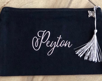 Custom Embroidered Canvas Pouch: Personalized Toiletry Bag with Butterfly Charm