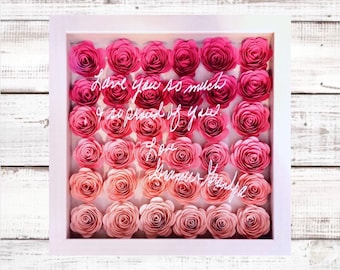 Personalized Handwriting Shadowbox: Ombré Rose Flower Box, Memorial Gift