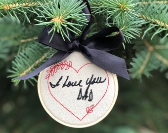 Embroidered Handwriting Ornament: Custom Canvas Hoop, Memorial Keepsake