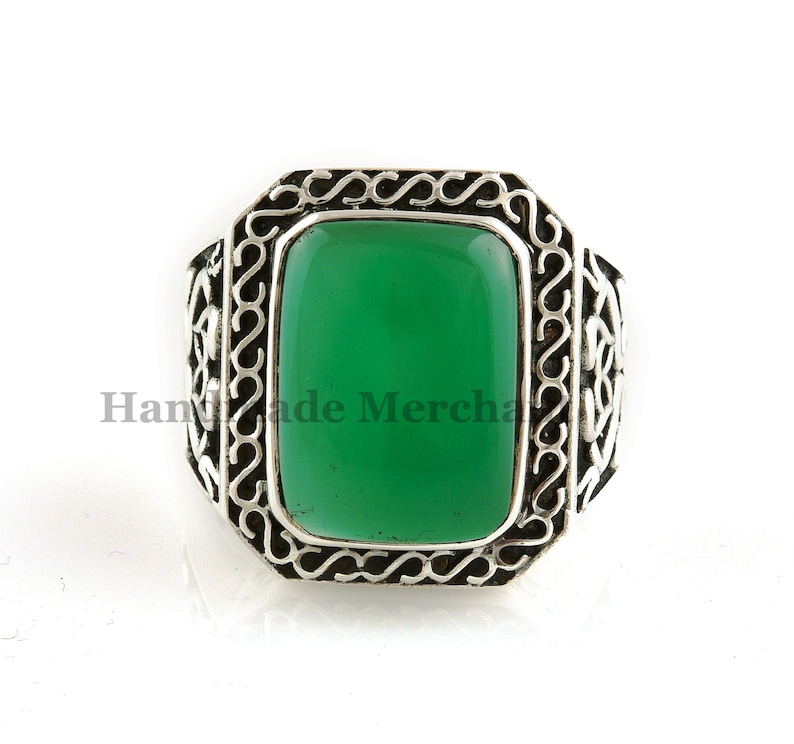 Handmade Jewelry Natural Gemstone Rings for Men Best Gift for Him Free Shipping. Green Onyx Ring Solid 925 Sterling Silver Ring