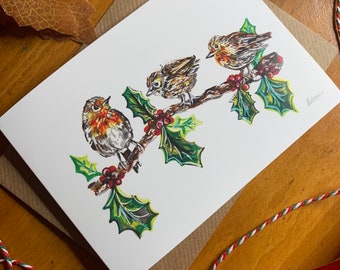 Carte de vœux de Noël de la famille Robins, Noël, cadeau de Noël, carte de vœux, Robin, festif, feuille de houx, joyeux Noël