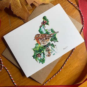 Christmas Robin Card, Christmas Greetings Card, Christmas Robin, Robin, Holly Leaf, Christmas greetings, Merry Christmas, Festive decor