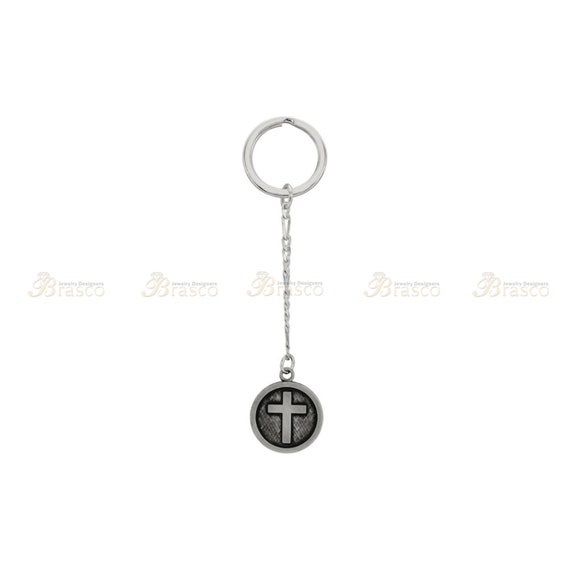 Sterling Silver 23 mm Cross Medal Key Chain,Religious Silver Key Chain Gift  for Him Her Groomsmen,Memorial Charm Key ring