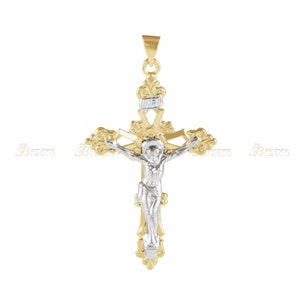 14K Yellow & White Gold Crucifix Pendant,Women&#39;s Cross,Gift for her,Gift for Mom,Wedding gift,Crucifix Pendant,Hollow Crucifix