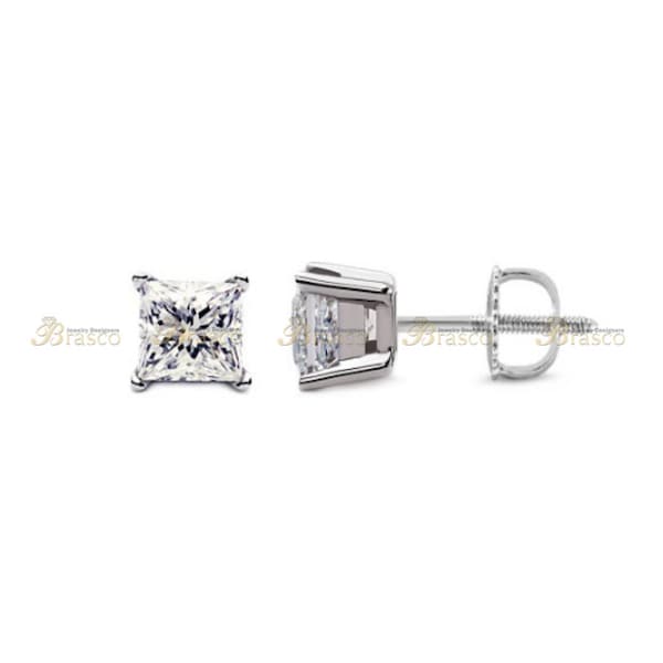 1/10 ct Princess Screwback Solitaire Studs with G-H Color and SI1/SI2 Clarity Diamonds in 14KT White Gold, Rose Gold, Yellow Gold .