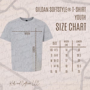 May include: A size chart for Gildan Softstyle youth t-shirts. The chart shows the width and length in inches for sizes XS (4-5), S (6-8), M (10-12), L (14-16), and XL (18).