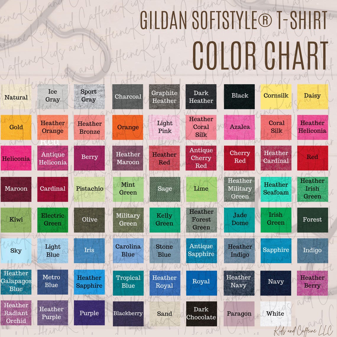 Gildan Softstyle T-shirt Size Chart Color Chart PNG - Etsy