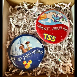 May include: Two circular pin-back buttons. One button is red with a graphic of two hands forming a heart and the text "I KNEW IT, I KNEW YOU TS5". The other button is blue with a graphic of a cowboy on a horse, a castle, and the text "NOT MY FIRST RODEO".