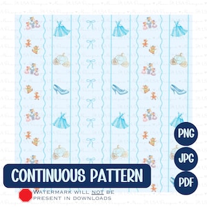 May include: A light blue continuous pattern featuring Cinderella-themed illustrations. The design includes a blue ball gown, glass slipper, pumpkin carriage, mice, and bows. The text "CONTINUOUS PATTERN" is displayed at the bottom, with a note about watermarks.