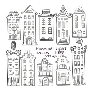 Set of hand-drawn houses.10 PNG Houses clipart.Hand-drawn houses clipart.Buildings Clip Art.Doodle houses clipart.Amsterdam houses clipart.