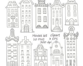 Set von handgezeichneten Häusern.10 PNG Häusern Clipart.Handgezeichnete Häusern Clipart.Gebäude Clip Art.Doodle Häuser Clipart.Amsterdam Häuser Clipart.