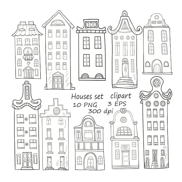 Set of hand-drawn houses.10 PNG Houses clipart.Hand-drawn houses clipart.Buildings Clip Art.Doodle houses clipart.Amsterdam houses clipart.