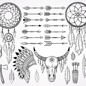 Hand-drawn tribal Clipart, 37 separete images SVG, PNG, Arrow Clipart,Dream Catcher Clipart, Boho tribal Clipart, feathers Clipart.