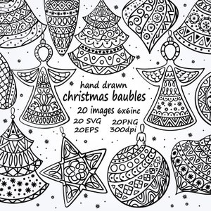 May include: A set of 20 hand-drawn black and white Christmas baubles in various shapes, including stars, angels, trees, and ornaments. The baubles are intricately detailed with geometric patterns and snowflakes. The text "hand drawn christmas baubles" is written in the center of the image.