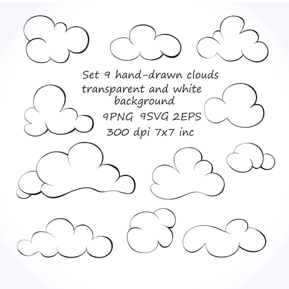Set Of 9 Doodle Clouds Svg Clouds Clipart Png Clouds Etsy