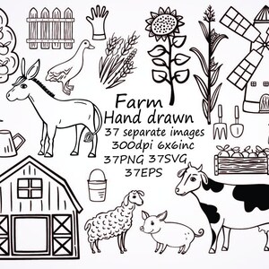 Clipart de granja dibujado a mano, clipart de animales de granja, 37 imágenes separadas, 6x6inc, PNG, SVG, EPS, granja de garabatos, clip art rústico, vaca, caballo, cerdo.