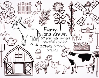 Clipart de ferme dessiné à la main, clipart d’animaux de ferme, images 37 separete, 6x6inc, PNG, SVG, EPS, ferme de griffonnage, clip art rustique, vache, cheval, cochon.