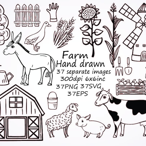 Hand-drawn farm clipart, farm animals clipart, 37 separete images, 6x6inc,PNG, SVG,EPS, doodle farm,Rustic clip art, cow,horse,pig.