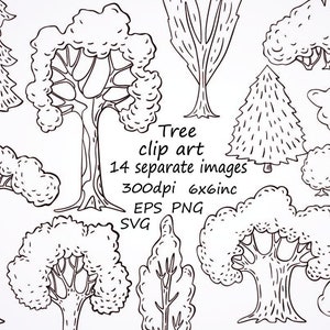 Handgetekende bosbomen clipart, 14 afzonderlijke afbeeldingen fruit SVG,PNG,EPS, 6x6inc, doodle boom clipart, digitale download plant clipart.