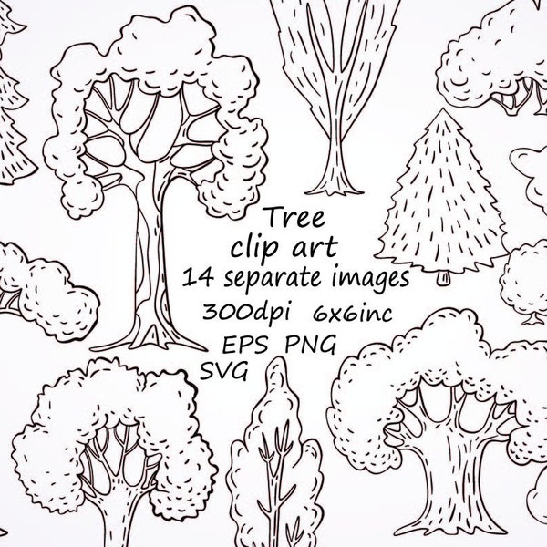 Hand-drawn forest trees clipart, 14 separate images fruits SVG,PNG,EPS, 6x6inc, doodle tree clipart, digital download plant clipart.