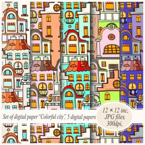 Set of 5 urban digital paper&quot;Colorful city&quot;.Cityscape digital papers. Cityscape print.Houses paper pack .Cityscape scrapbook papers.