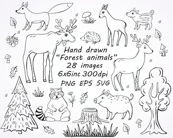 Doodle forest animals clipart,28 separete SVG, PNG, EPS images.Woodland clip art. Hand-drawn set fox, bear, deer, raccoon, rabbit,wild boar.