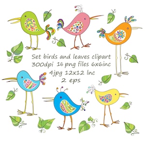 Set hand-drawn Birds and leaves.Clipart PNG doodle birds.Clipart PNG leaves.Digital paper.Bird Illustrations.PNG clipart.Birds clipart.