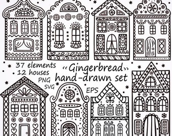 Doodle Lebkuchenhäuser Clipart, separate SVG-, PNG- und EPS-Bilder, 12 Häuser und 37 Elemente, Weihnachtscliparts, Winterurlaubscliparts