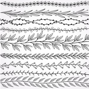 May include: A set of eight black and white hand-drawn floral borders. The borders are made up of different types of leaves and branches.