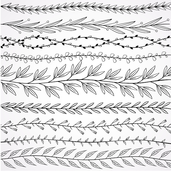 20 floral border SVG, doodle border PNG, black and white colors, 12x6 inc, set of floral border printable, hand-drawn border clipart.