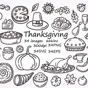 Clipart del Ringraziamento disegnate a mano, 34 immagini separate, PNG, SVG, EPS, 6x6 inc, 300 dpi, Cena del Ringraziamento Doodle, Turchia, Torta di zucca, Cornucopia.