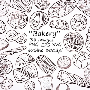 Bakkerij handgetekende illustraties, 38 afzonderlijke afbeeldingen, EPS, PNG, SVG, bakkerijwinkel, bakkerij doodle, brood clipart, dessert clipart, gebak clip art.