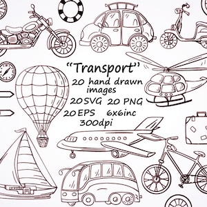 Hand-drawn transport clipart,20 separete images, clip art set of transportation, airplane,vehicles,rain, boat, motorcycle,20PNG,20 SVG,EPS.