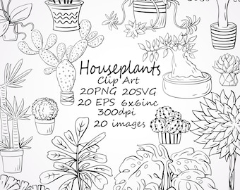 Hand-drawn "House plants "clipart, SVG plants clipart,PNG plants clipart,20 separate images, Indoor Plants clipart, potted plants download.